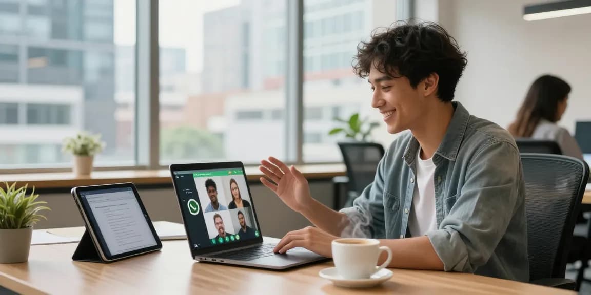 Using WhatsApp網頁版 on a laptop in a modern workspace with bright city views.