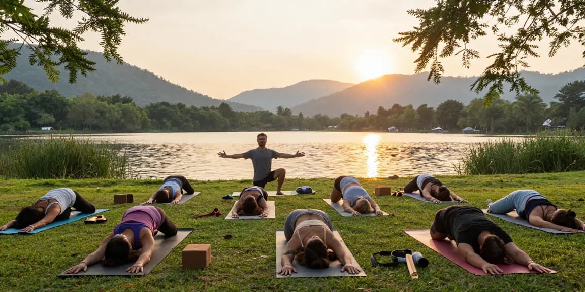 Stefan Camilleri yoga teacher guiding students in a serene lakeside setting.