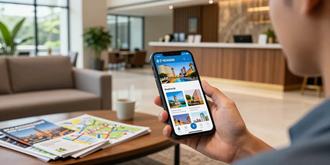 Guest using rokok88 app for easy hotel booking in modern lobby.