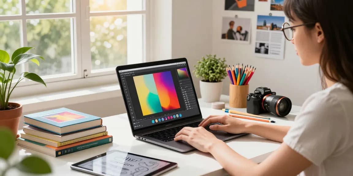 Designer using nano banana 2 AI editor in vibrant digital workspace with art supplies and mood boards.