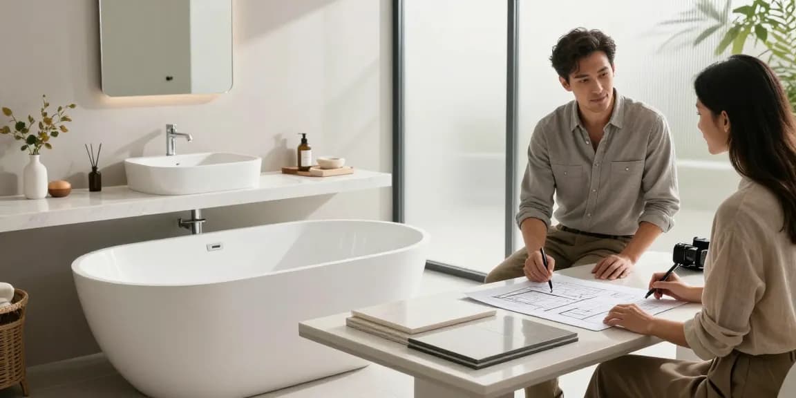 KKR solid surface freestanding bathtub and wall basin in a modern bathroom.
