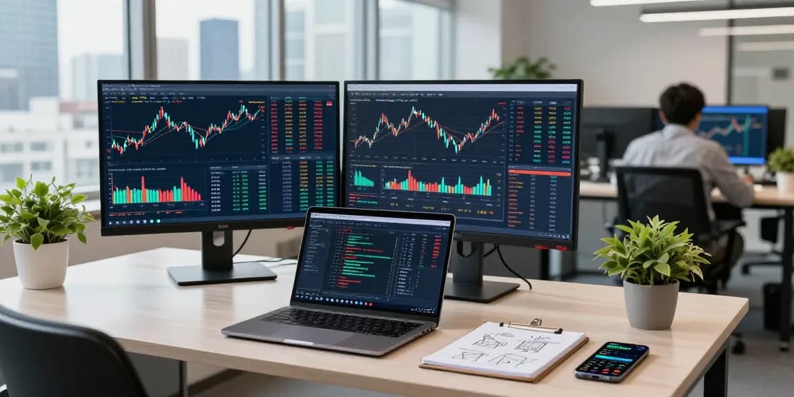 Real-time analysis in a tech workspace featuring index constituent stocks API data, showcasing financial indices on multiple screens.