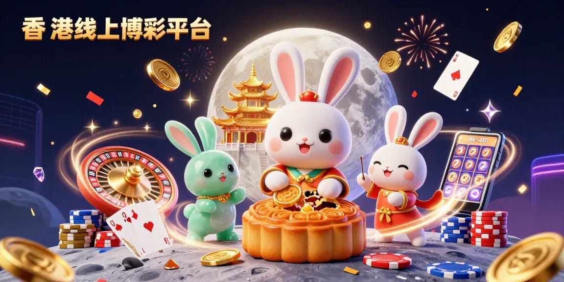 在香港线上博彩平台，这幅插图展示了兔子在月球上击打月饼以揭示扑克筹码，带有庆祝的氛围。