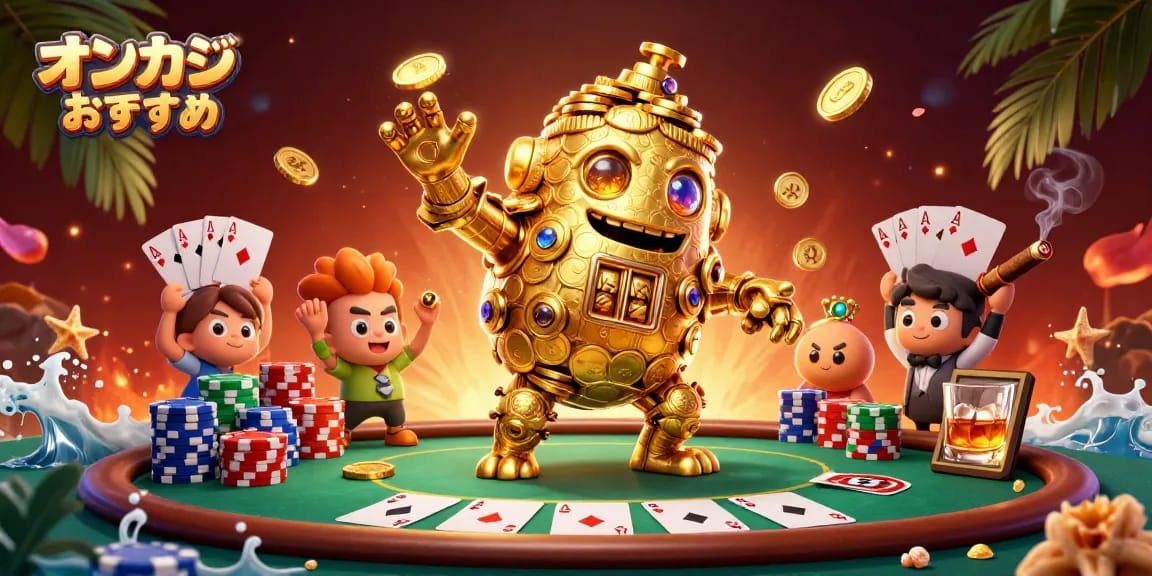 オンカジ おすすめで遊ぶカジノスタイルのシーンを彩る黄金のゴーレムとポーカー要素が満載のイラスト