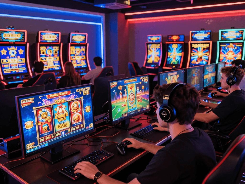 Exciting judi slot online gaming scene with players engaging in vibrant live slot games, showcasing thrilling animations and gaming accessories.