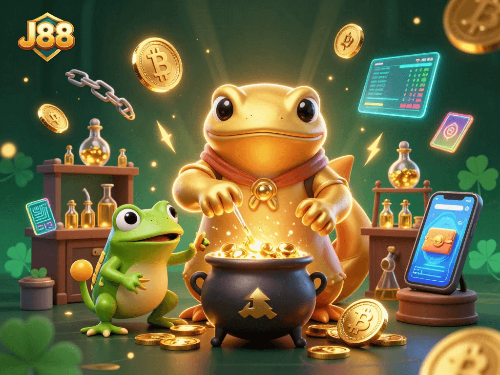 Engage with J88's vibrant gaming world featuring golden alchemy and crypto elements.