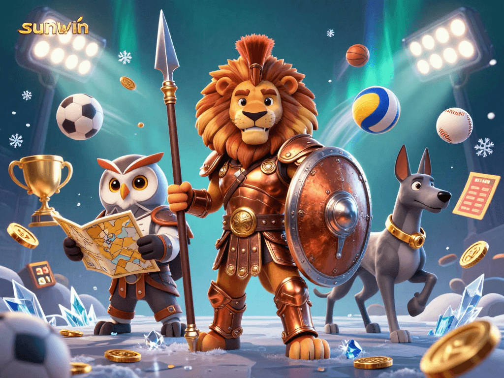Win big with sunwin, featuring a Spartan lion, owl strategist, and golden sports elements.