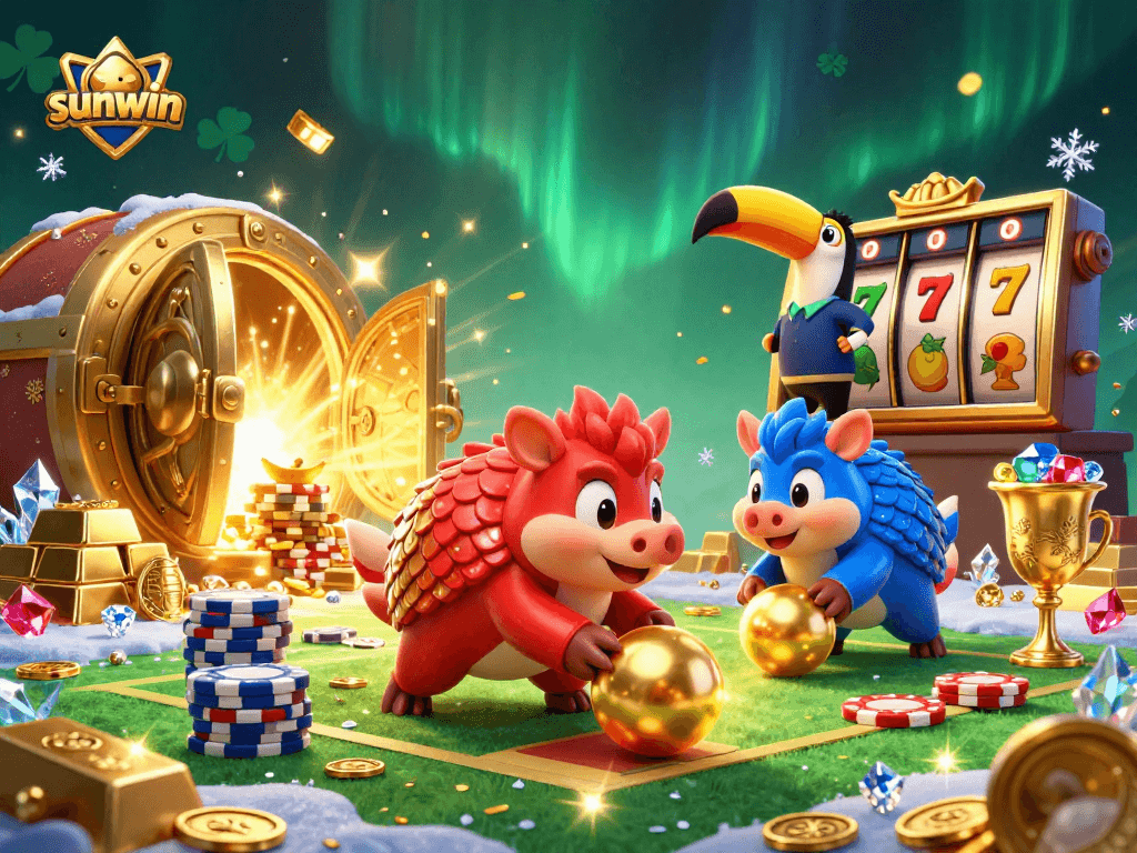 Engage in thrilling slots action with sunwin as rival pangolins bowl on poker chips amidst a treasure trove.