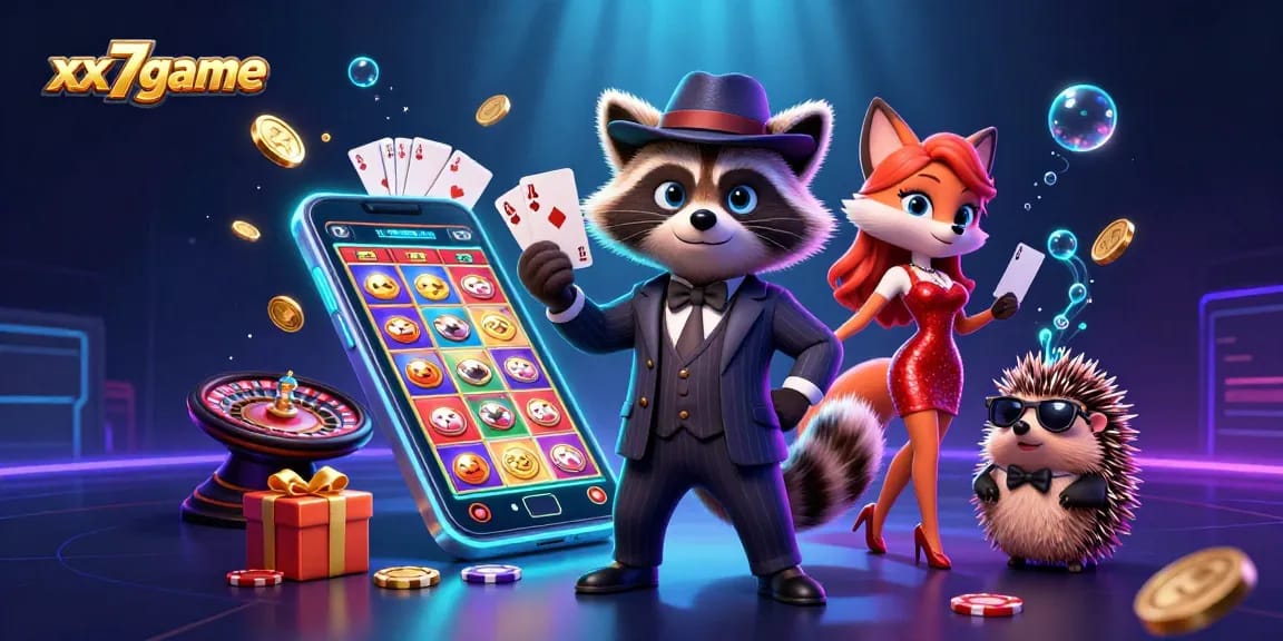 Engaging scene from xx7game featuring a suave raccoon and charming fox in a casino atmosphere.