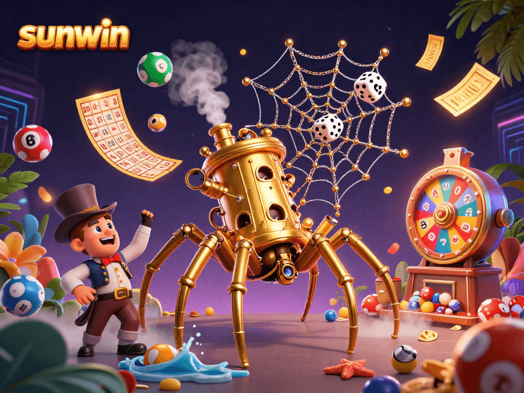 Engage with sunwin's vibrant 3D illustration of a steampunk spider weaving luck in a dynamic casino setting.