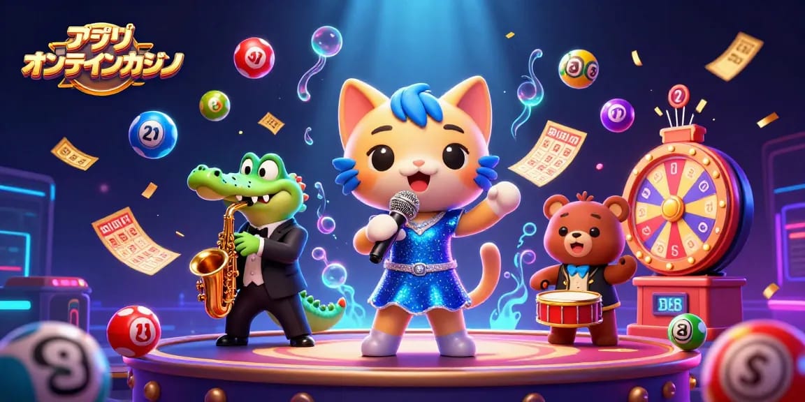 アプリ オンラインカジノの楽しいシーンで、キャラクター達が盛り上がっているイラスト