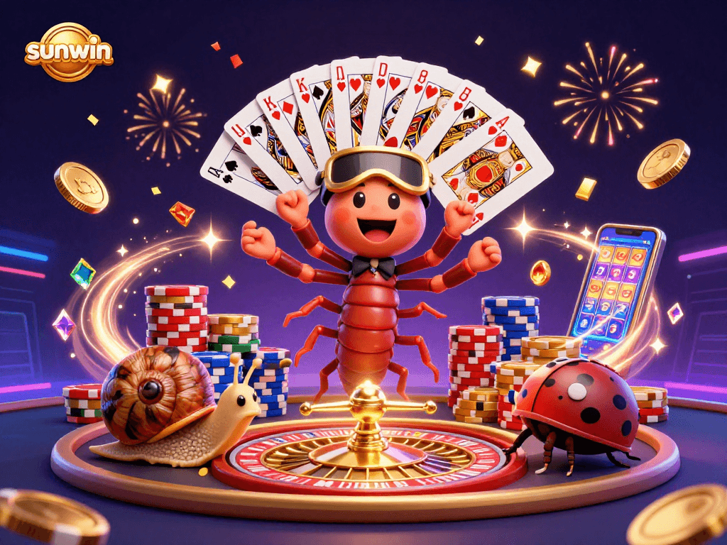 Join the fun at sunwin with our vibrant casino scene featuring a millipede dealer, high-roller snail, and excited pill bug!