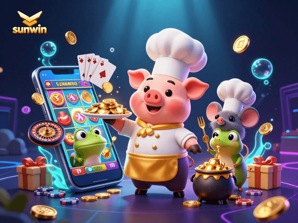 Win big with sunwin, a dazzling casino scene featuring playful characters and exciting gaming elements.