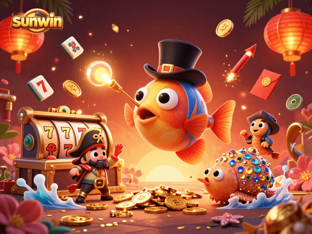 Engage with sunwin's dynamic casino adventure featuring an anglerfish, pirate shrimp, and treasure snail.