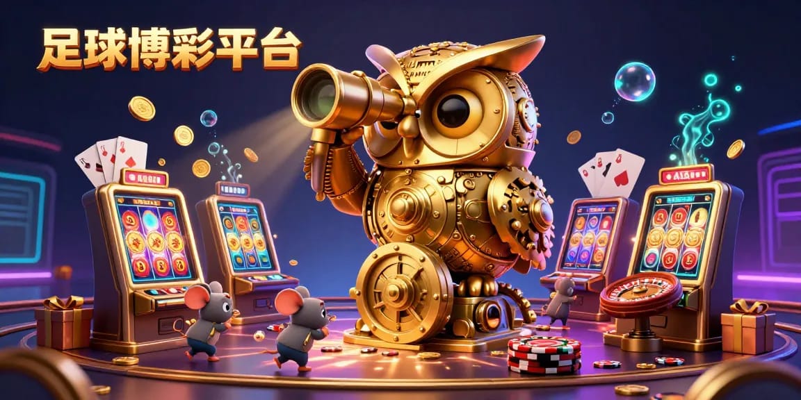在足球博彩平台上，具有钟表机制的金色猫头鹰正在监控，四周充满游戏元素与闪亮的金币。