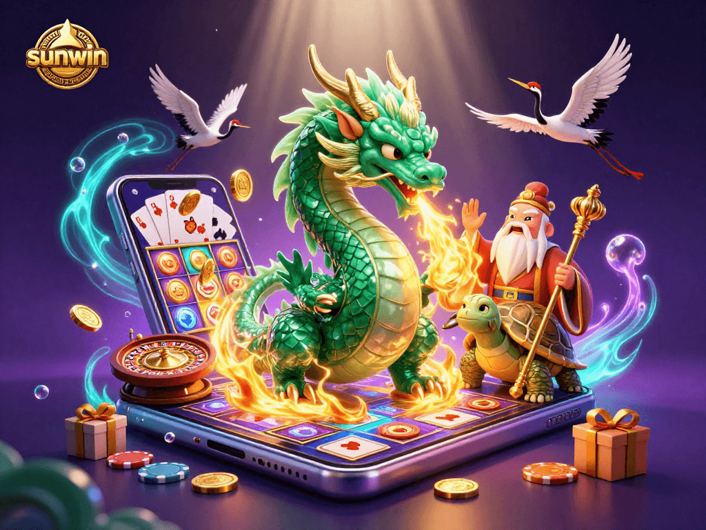 Experience the thrilling action of sunwin with a jade dragon and lucky cranes amid colorful slot games.