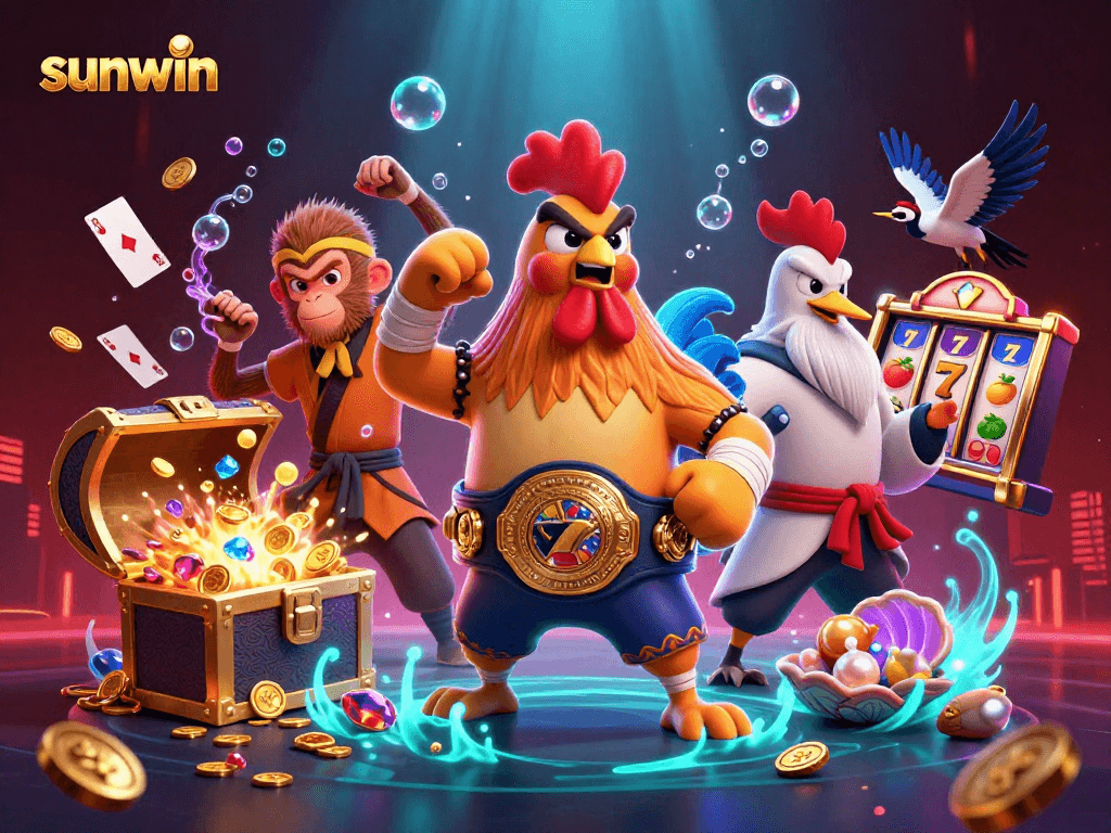 Experience sunwin thrills with a vibrant scene featuring martial characters and exploding treasure.
