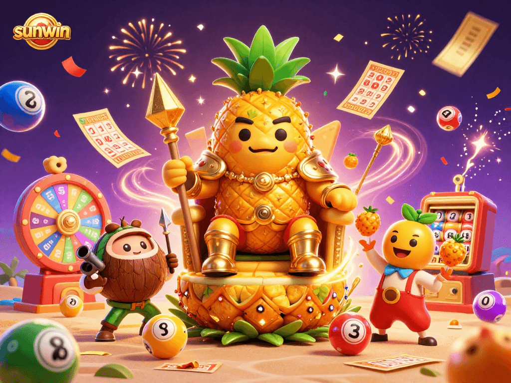 Join the excitement of sunwin bingo with colorful balloons and entertaining characters in a vibrant casino scene.