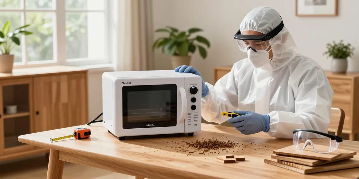 Shashel microwave equipment efficiently eliminating woodworms in a cozy home setting.