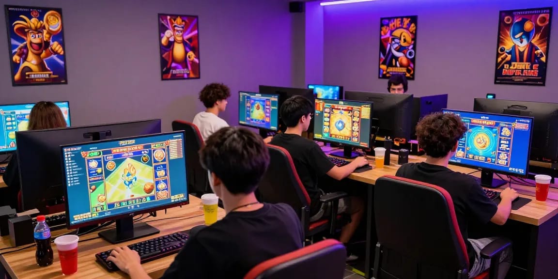 Players enjoying an engaging judi slot online experience in a vibrant gaming lounge with colorful graphics and exciting ambiance.