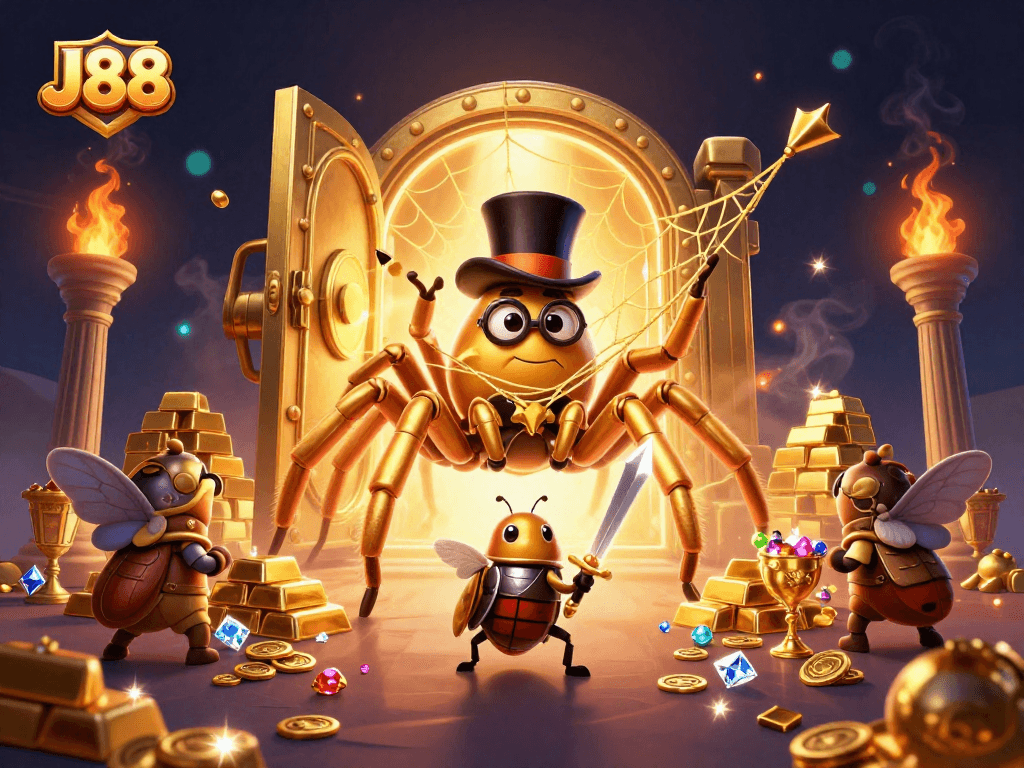 Engage with J88's exciting casino adventures portrayed by a giant tarantula and a brave beetle knight.