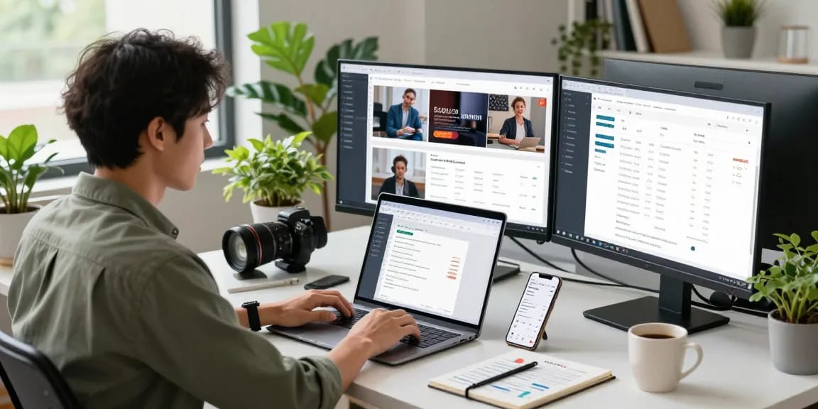 Dynamic digital marketing workspace featuring seanbowieforaz analytics on multiple screens, modern office environment