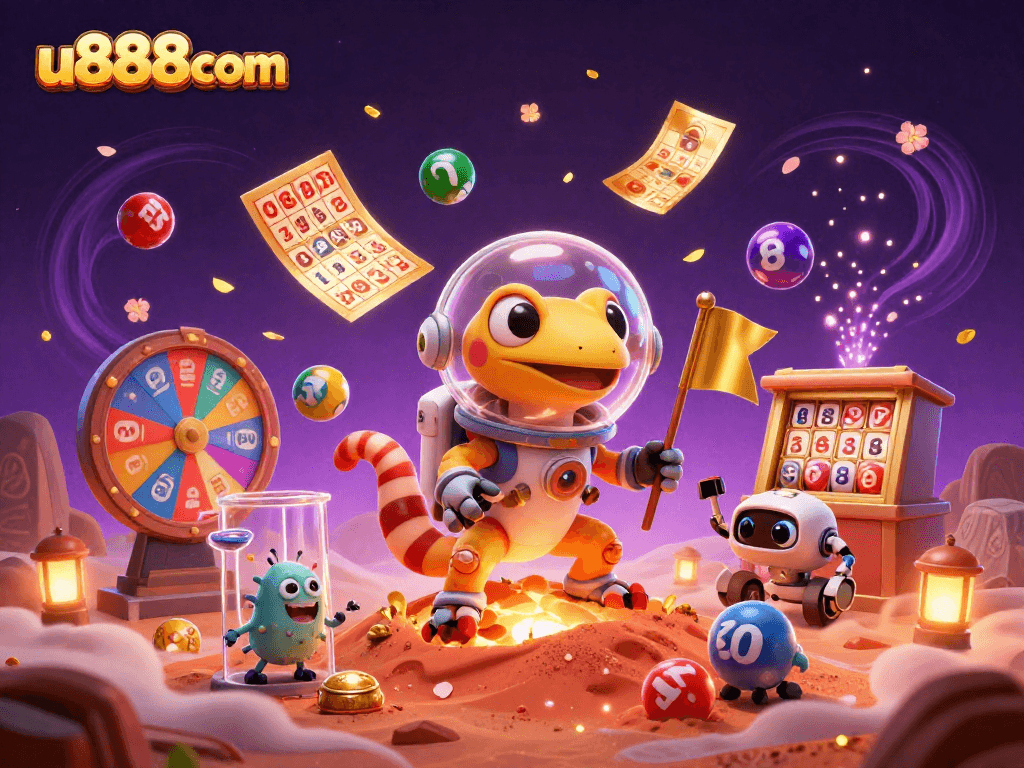 u888com showcases a vibrant 3D Martian casino discovery scene with dynamic lottery elements.