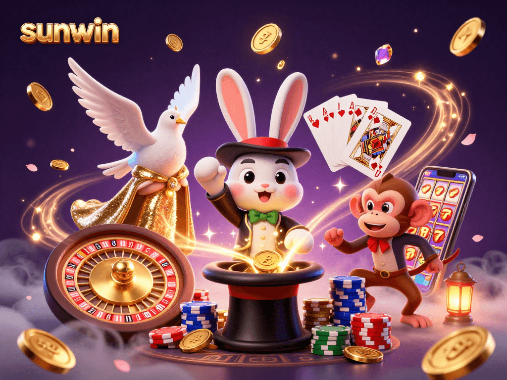 Join the fun at sunwin as a magician rabbit pulls gold coins in a vibrant casino scene.