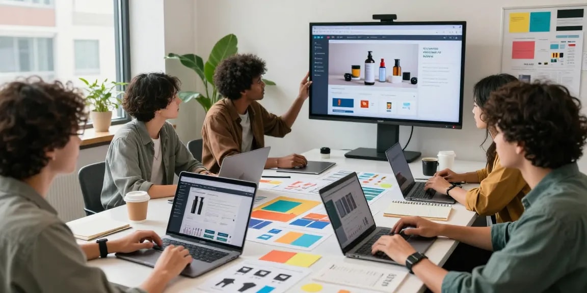 Engaging e-commerce team collaborating on Motchill marketing strategy in vibrant workspace.