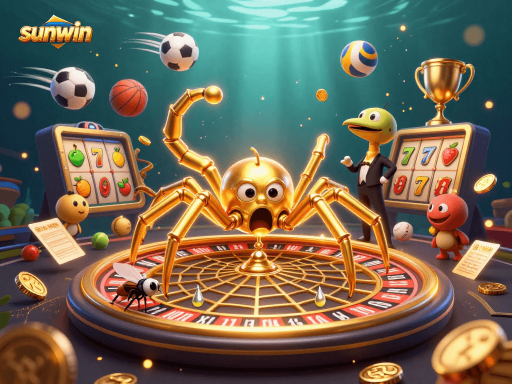 Bet on sunwin with a golden spider spinning a roulette wheel web, showcasing vibrant gambling elements.