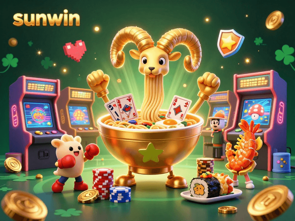 Experience the vibrant action at sunwin with animated characters dealing cards and stacking chips amidst a dazzling casino setting.