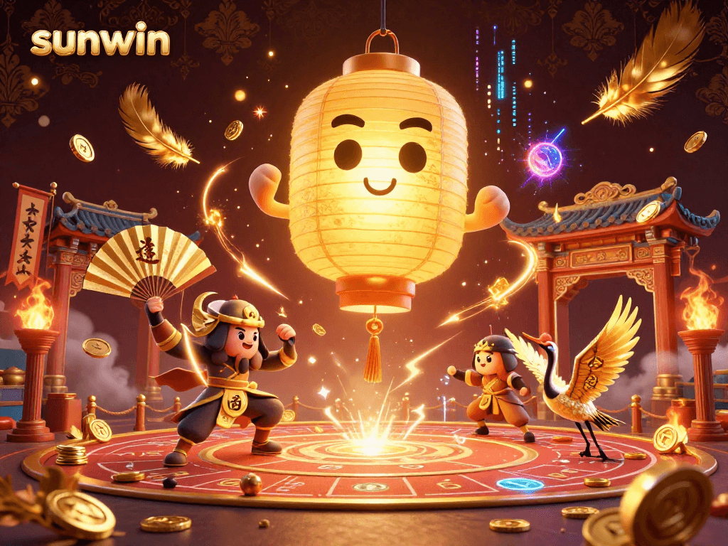 Experience the magic of sunwin with vibrant casino spirits and golden lanterns, rich in detail.
