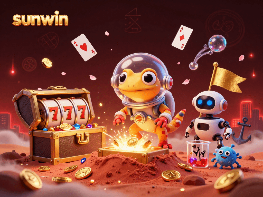 Experience sunwin's vibrant casino adventure with a Martian gecko exploring a prize-filled scene.