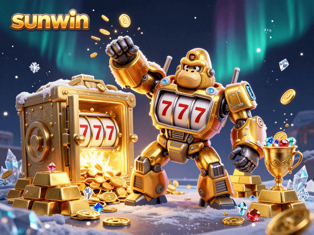 Experience the excitement of sunwin's golden gorilla mech amidst dazzling casino treasures.