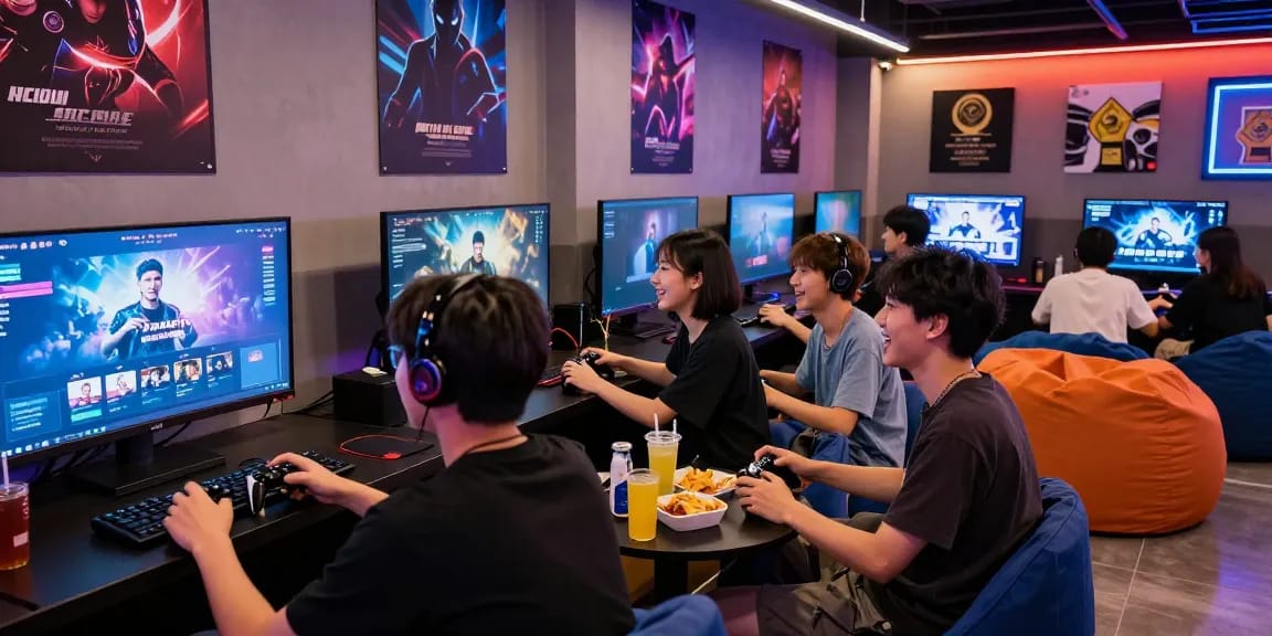 Play immersive porn games with friends in an exciting modern gaming lounge.