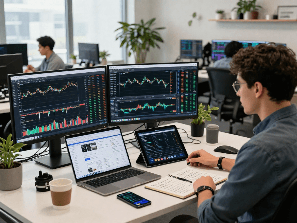 在交易分析软件中使用tradingview,交易员专注于多屏幕市场图表。