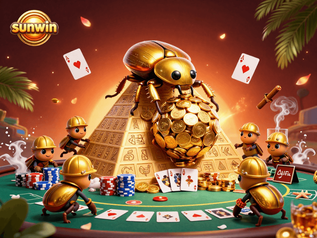 Experience the excitement of sunwin as golden beetles roll coins in a vibrant casino setting.