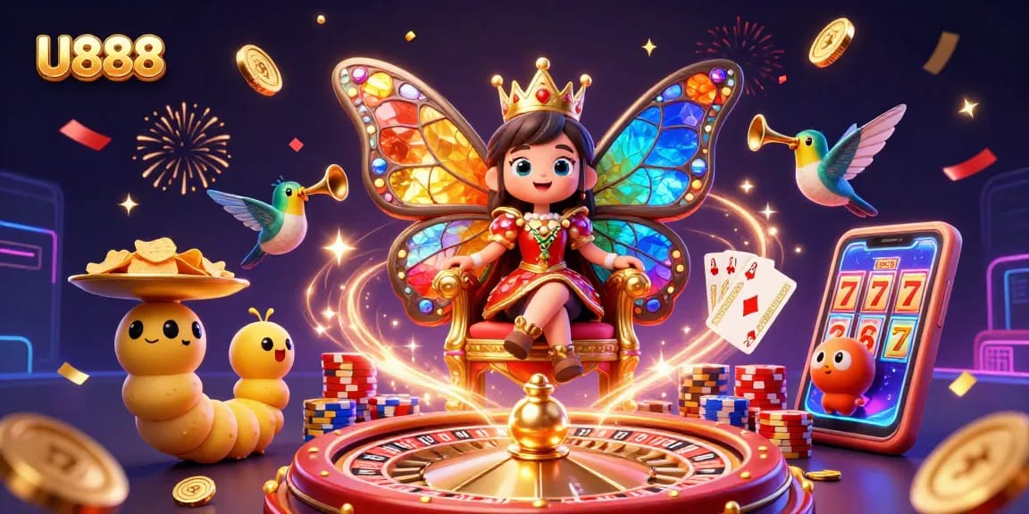 Experience the magic of U888 with vibrant casino elements in a stunning 3D illustration.