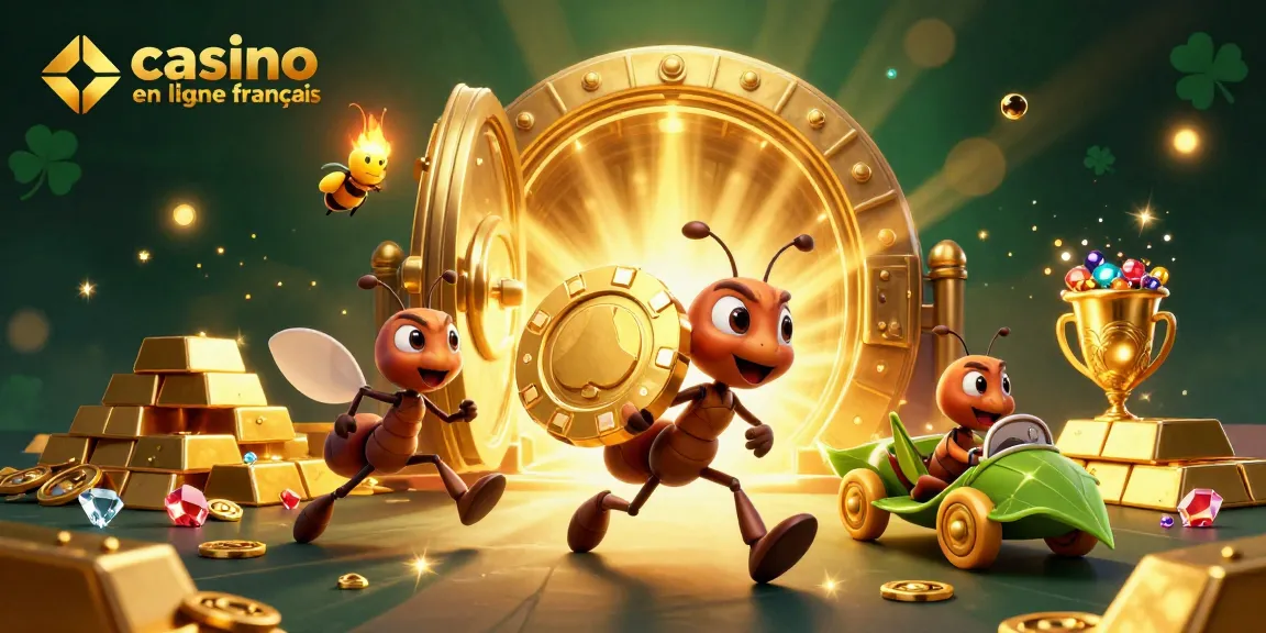 Les fourmis en plein vol heurtent un poker géant dans un casino en ligne français, parmi des joyaux flamboyants.
