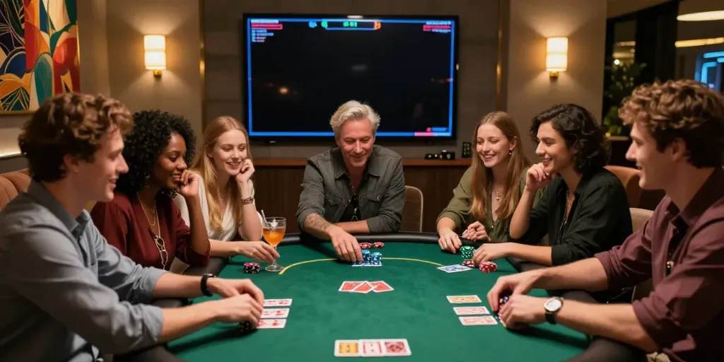 Social gathering around rokok88 link poker table, friends enjoying games and cocktails.
