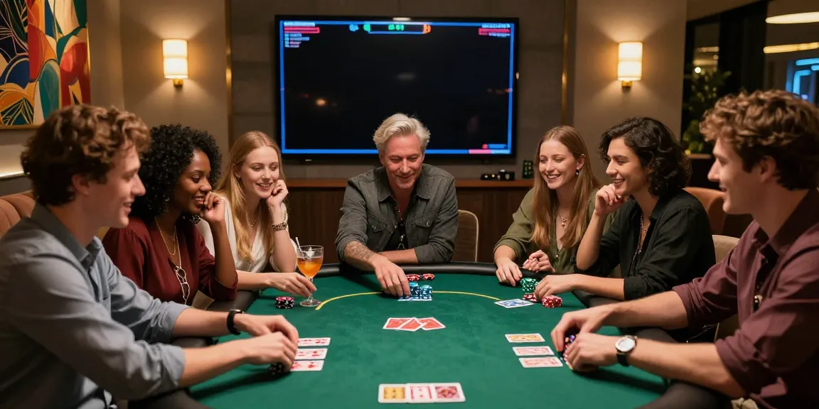 Social gathering around rokok88 link poker table, friends enjoying games and cocktails.