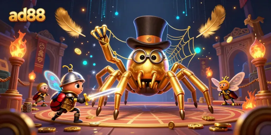 Experience excitement at ad88 with a dynamic 3D scene featuring a golden tarantula and beetle knight in a casino setting.
