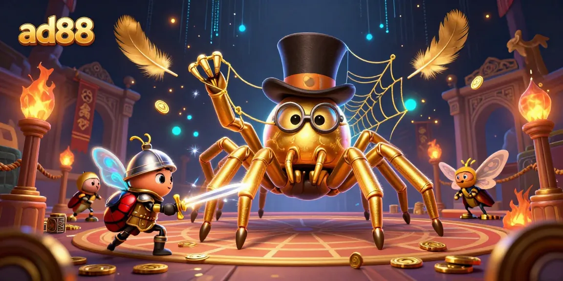 Experience excitement at ad88 with a dynamic 3D scene featuring a golden tarantula and beetle knight in a casino setting.