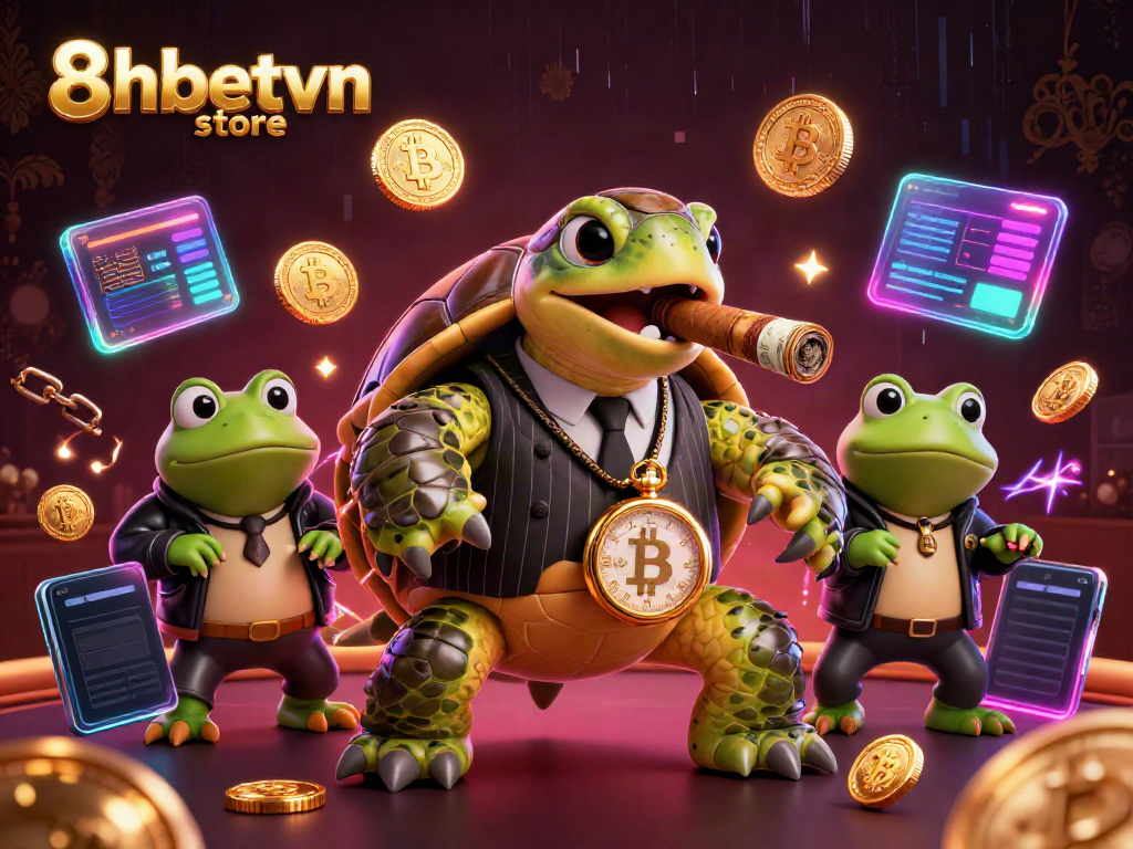 Experience thrilling gameplay at 8xbetvn store with an exciting scene featuring a giant turtle and enforcers in a vibrant casino.
