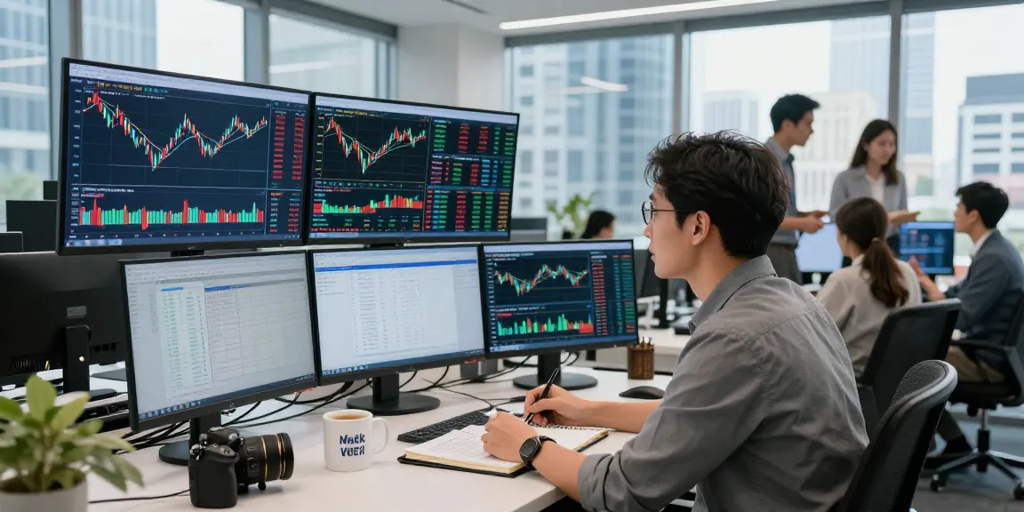 Market updates gourmeticat analysis in a modern finance office with financial analyst reviewing stock charts.