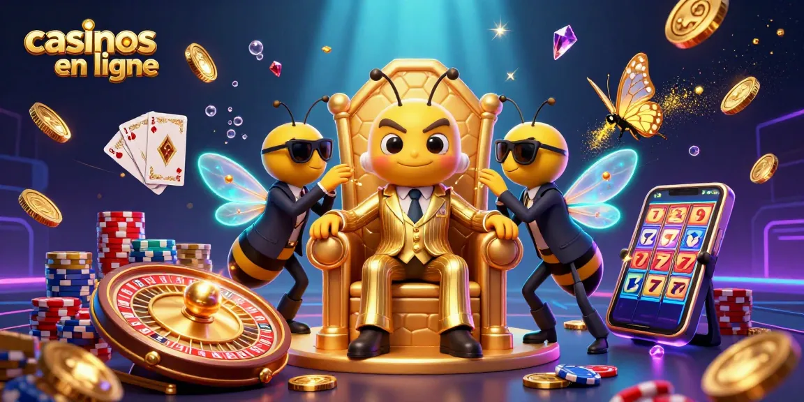Illustration dynamique représentant des casinos en ligne avec un chef d'abeille en costume, des gardes et des éléments de jeux.