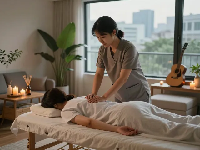 강남출장안마 therapy session in a cozy, modern living room with ambient light and calming décor.