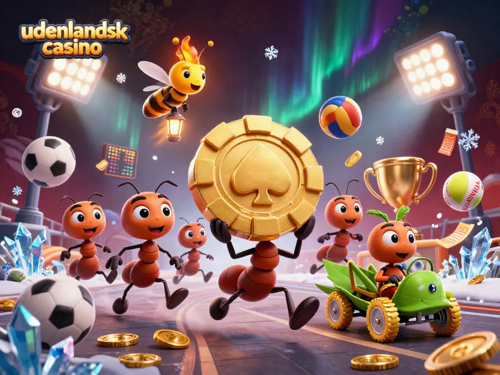 Engaging scene of ants carrying a golden poker chip at a udenlandsk casino with sports elements