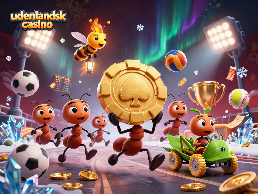 Engaging scene of ants carrying a golden poker chip at a udenlandsk casino with sports elements