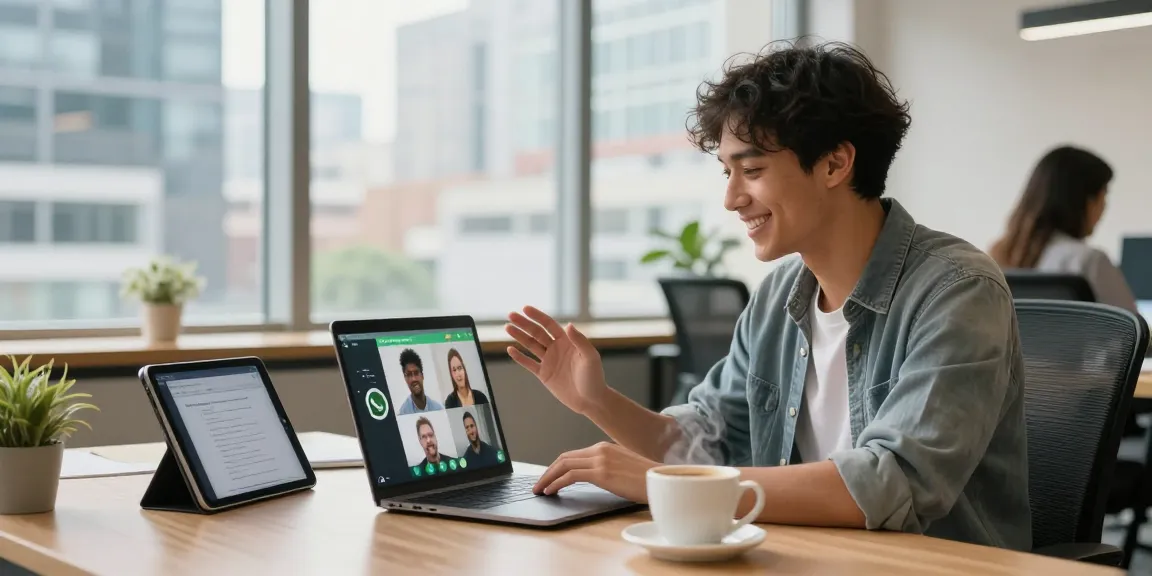 Using WhatsApp網頁版 on a laptop in a modern workspace with bright city views.